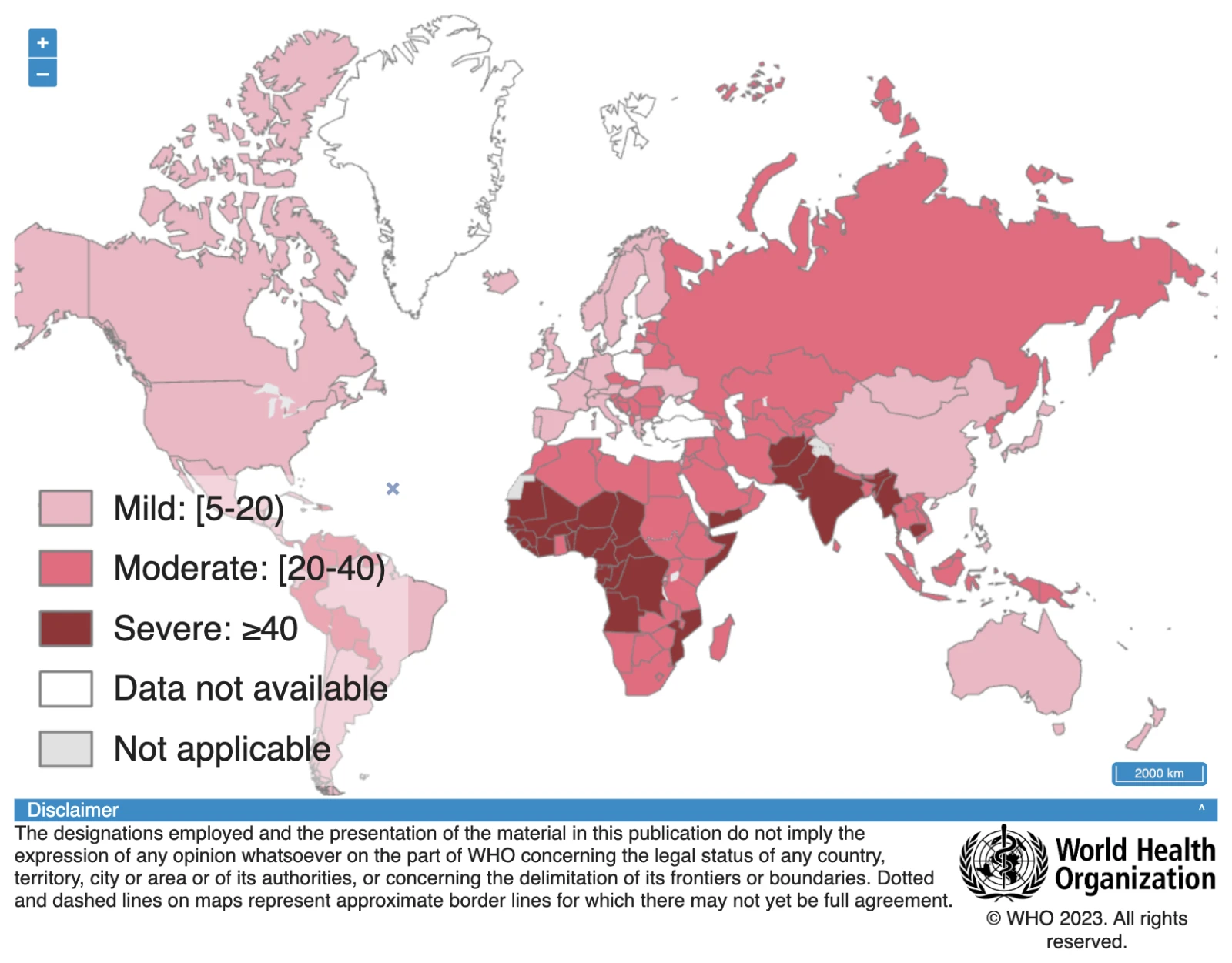 Schéma de l’Organisation Mondiale de la Santé montrant les zones où les femmes sont les plus touchées par l’anémie.