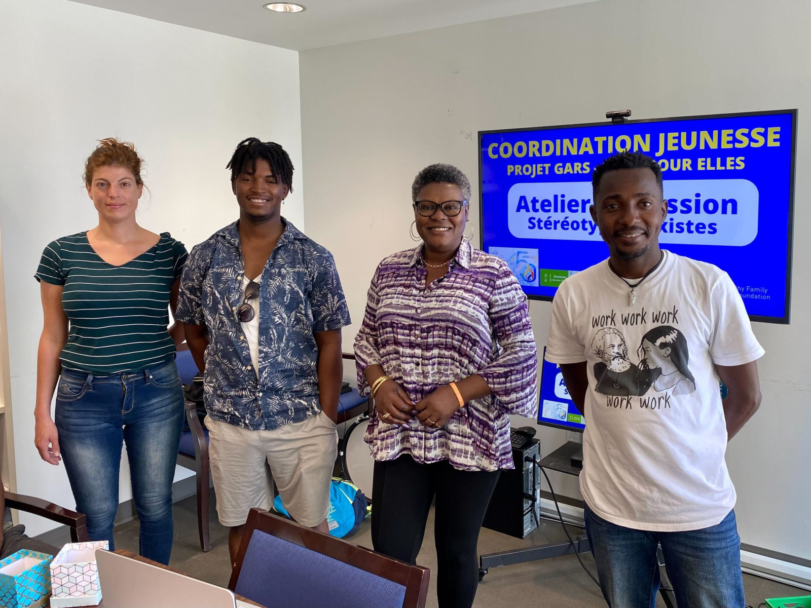 Marianna Chiossi, responsable de Juste pour elles, Jean Wedne Collin, intervenant, Guerda Amazan, directrice générale adjointe de la Maison d’Haïti et Orlando Ceide, responsable de Projet Gars.