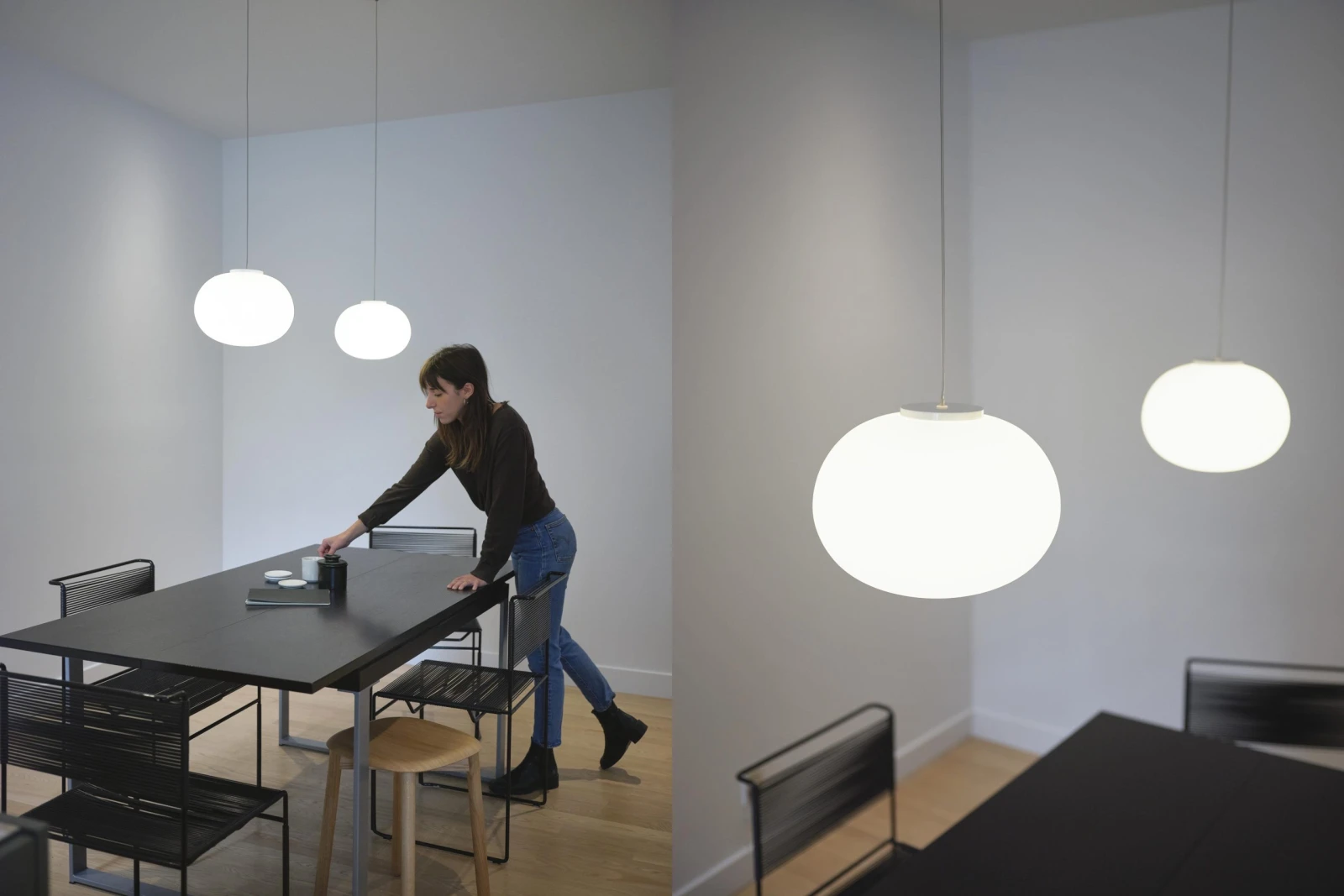 L’éclairage de la salle à manger doit favoriser à la fois confort et esthétisme. On privilégie des choix d’ampoules à DEL d’une température de couleur blanc chaud (de 2 200 à 3 000 kelvins) comme ces luminaires suspendus, dont on peut abaisser l’intensité à l’aide d’un gradateur.