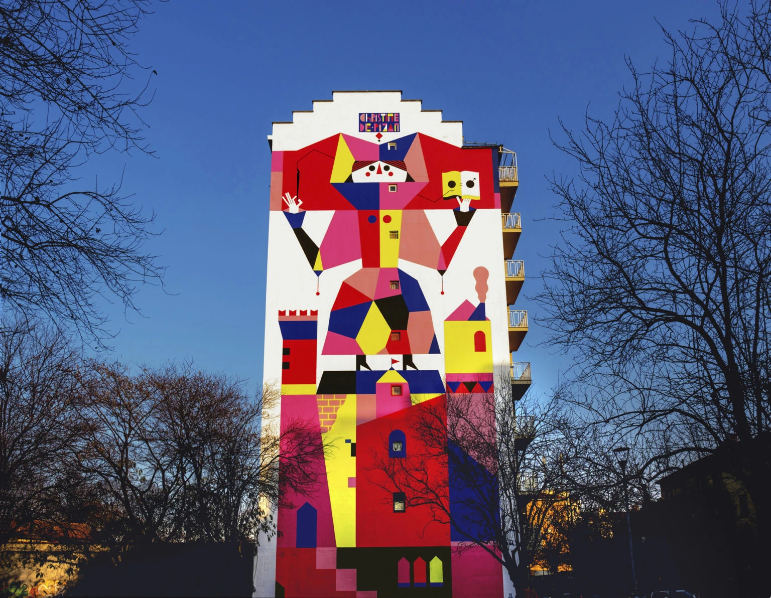 Murale de Camilla Falsini créée à Turin en 2018, représentant Christine de Pizan. Crédit photo: Andrea Guermani.