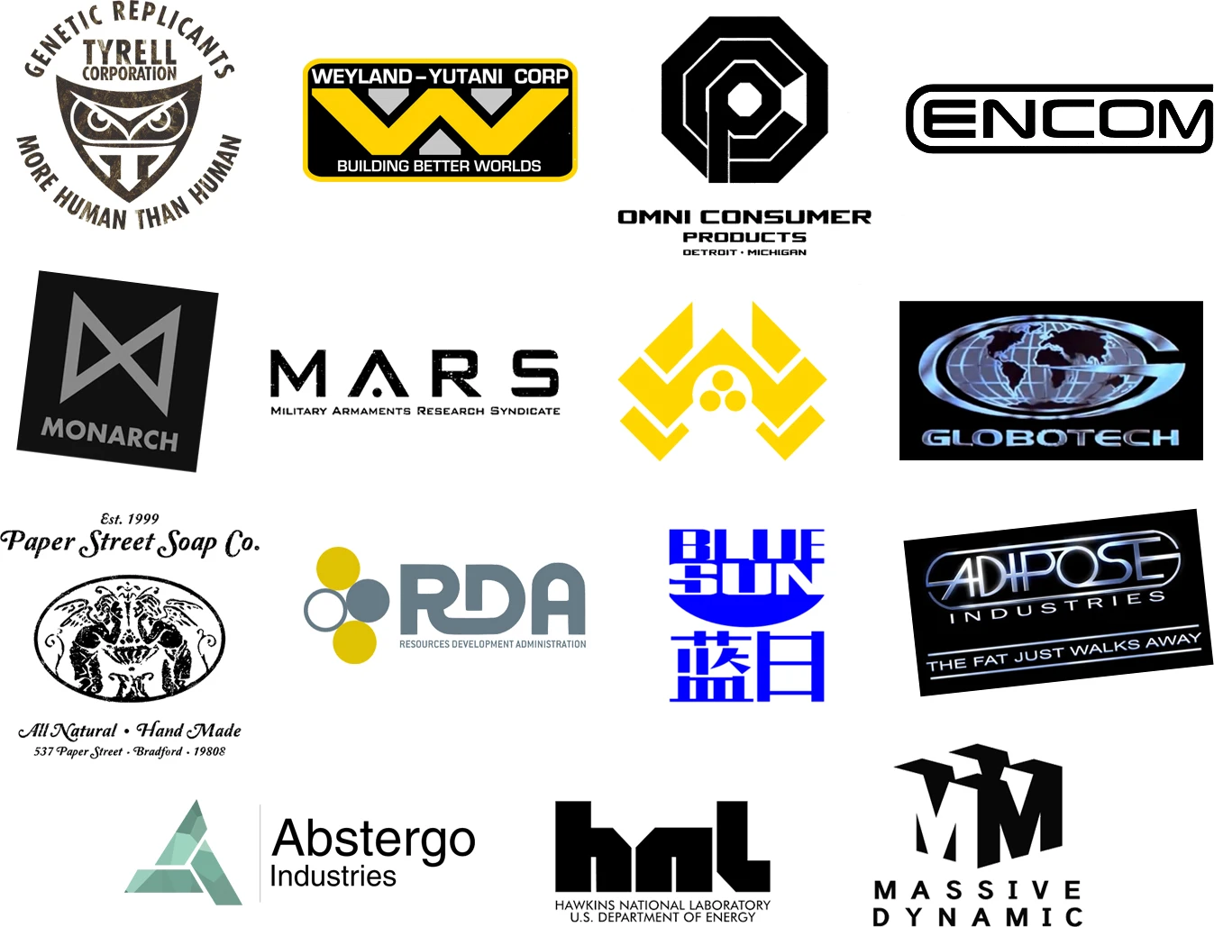 C’est là que ça devient intéressant, parce qu’on entre au cœur de la fiction! Dans la vraie vie, c’est bien connu, une «multinationale toxique», ça n’existe pas. Dans les séries et les films, par contre, c’est du registre classique. Pensez à l’impressionnante Tyrell Corporation (Blade Runner), à la Weyland-Yutani Corporation (Alien), à Omni Consumer Products (RoboCop), à ENCOM (Tron), à Monarch (Godzilla), à M.A.R.S. Industries (G.I. Joe), à la Nakatomi Plaza (Die Hard I), à GloboTech (Small Soldiers), ou à la curieuse Paper Street Soap Co. (Fight Club). Plus récemment, nous avons aussi eu droit à la Resources Development Administration (Avatar), à Blue Sun (Firefly), à Adipose (Doctor Who), à Abstergo (Assassin’s Creed), au Hawkins National Laboratory (Stranger Things), et à Massive Dynamic (Fringe).