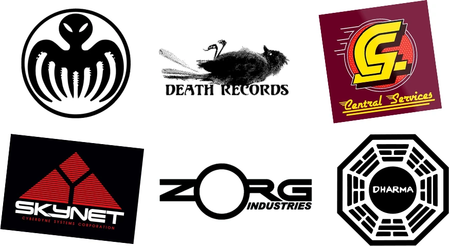 Oh oh, nous voici devant le mal absolu! Attention, certains des logos qui suivent pourraient causer des traumatismes irréparables. Par ordre d’apparition à l’écran, voici Spectre, l’ennemi juré de James Bond, les disques Death Records (Phantom of the Paradise), les omniprésents Central Services (Brazil), le terrifiant Skynet (Terminator), les maléfiques Zorg Industries (Le Cinquième Élément), le labo Dharma Initiative (Lost), en oubliant d’autres vilains qui veulent notre peau et/ou régner sur l’Univers.