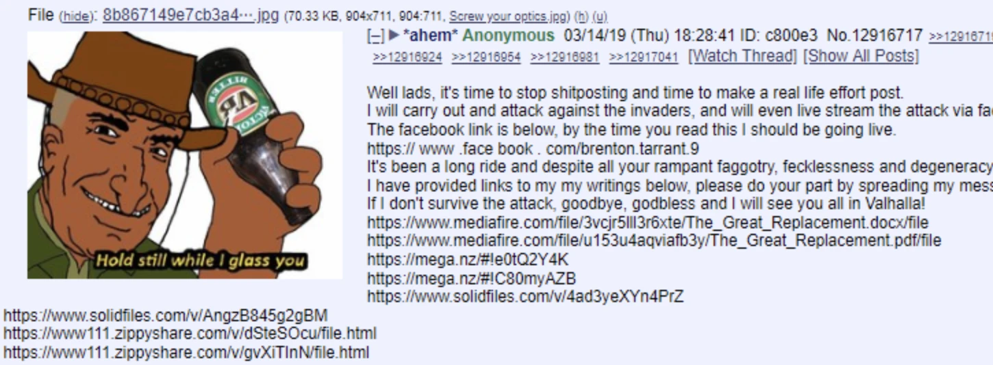 La publication du tueur de Christchurch juste avant de tuer 50 personnes dans deux mosquées de Christchurch, en Nouvelle-Zélande