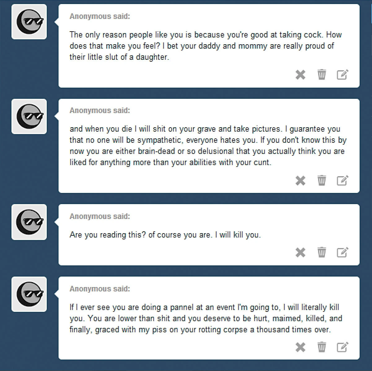 Capture d’écran de la boîte de réception de Zoë Quinn, sur Tumblr