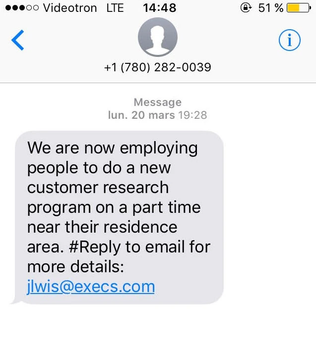 Message louche reçu alors que je me cherchais justement un emploi à temps partiel.