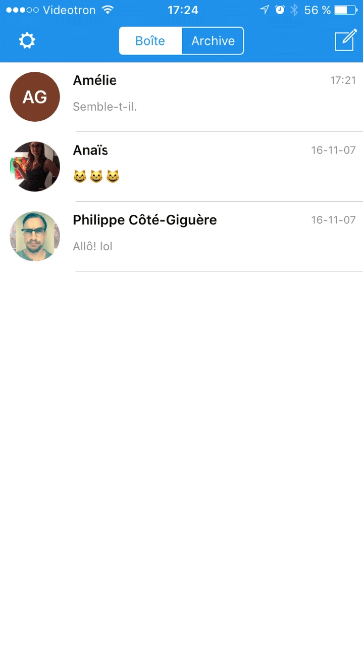 L’écran d’accueil avec mes centaines de conversations, dont une avec moi-même. (Oui, j’ai beaucoup d’amis.)
