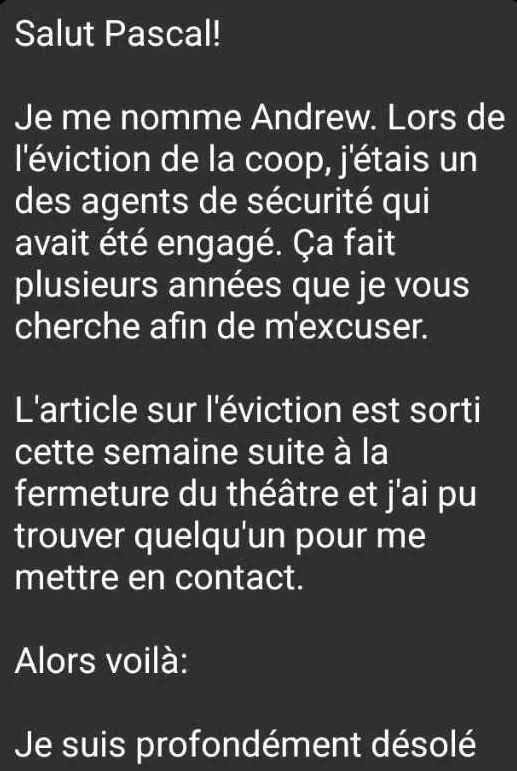 Après huit ans de recherche, Andrew retrouve Pascal sur Facebook, le lendemain de la fermeture du cabaret La Tulipe.