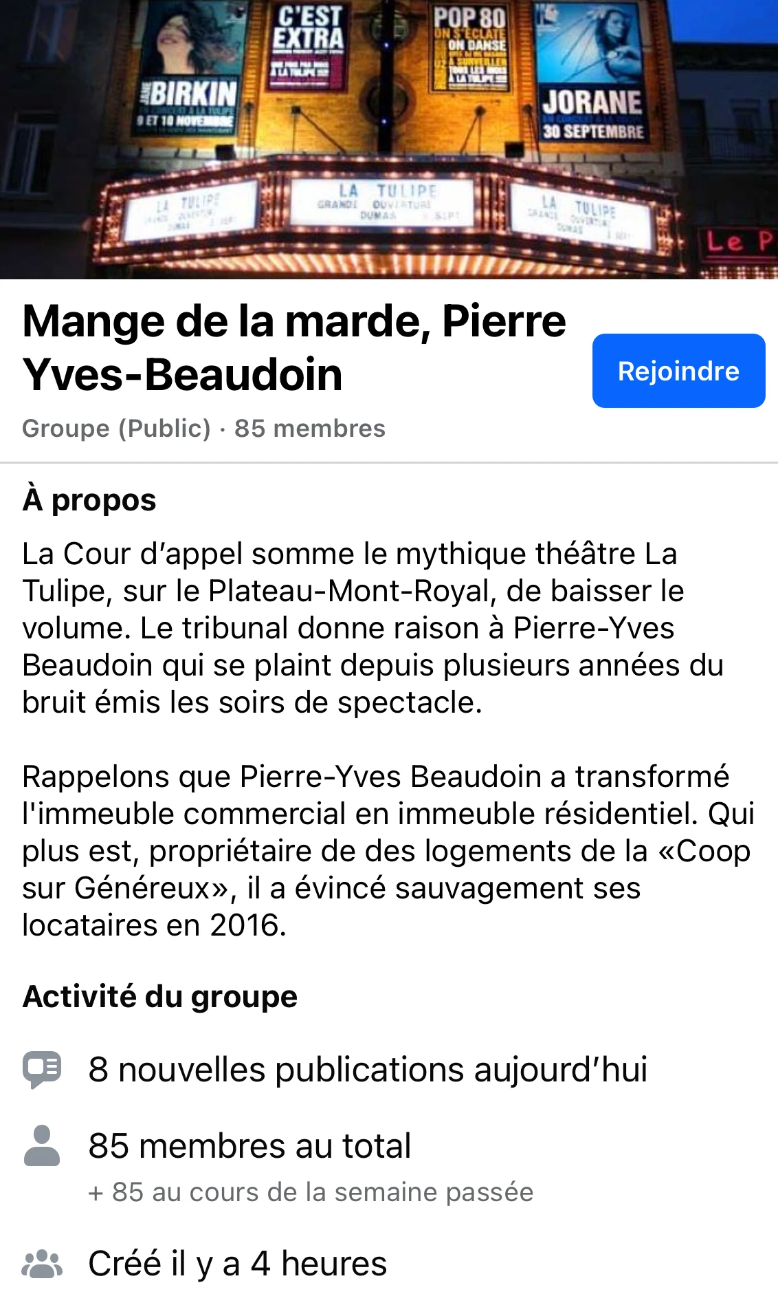 D’heure en heure, le groupe Facebook créé le jour de la fermeture de La Tulipe parviendra à fédérer plusieurs centaines de Québécois.