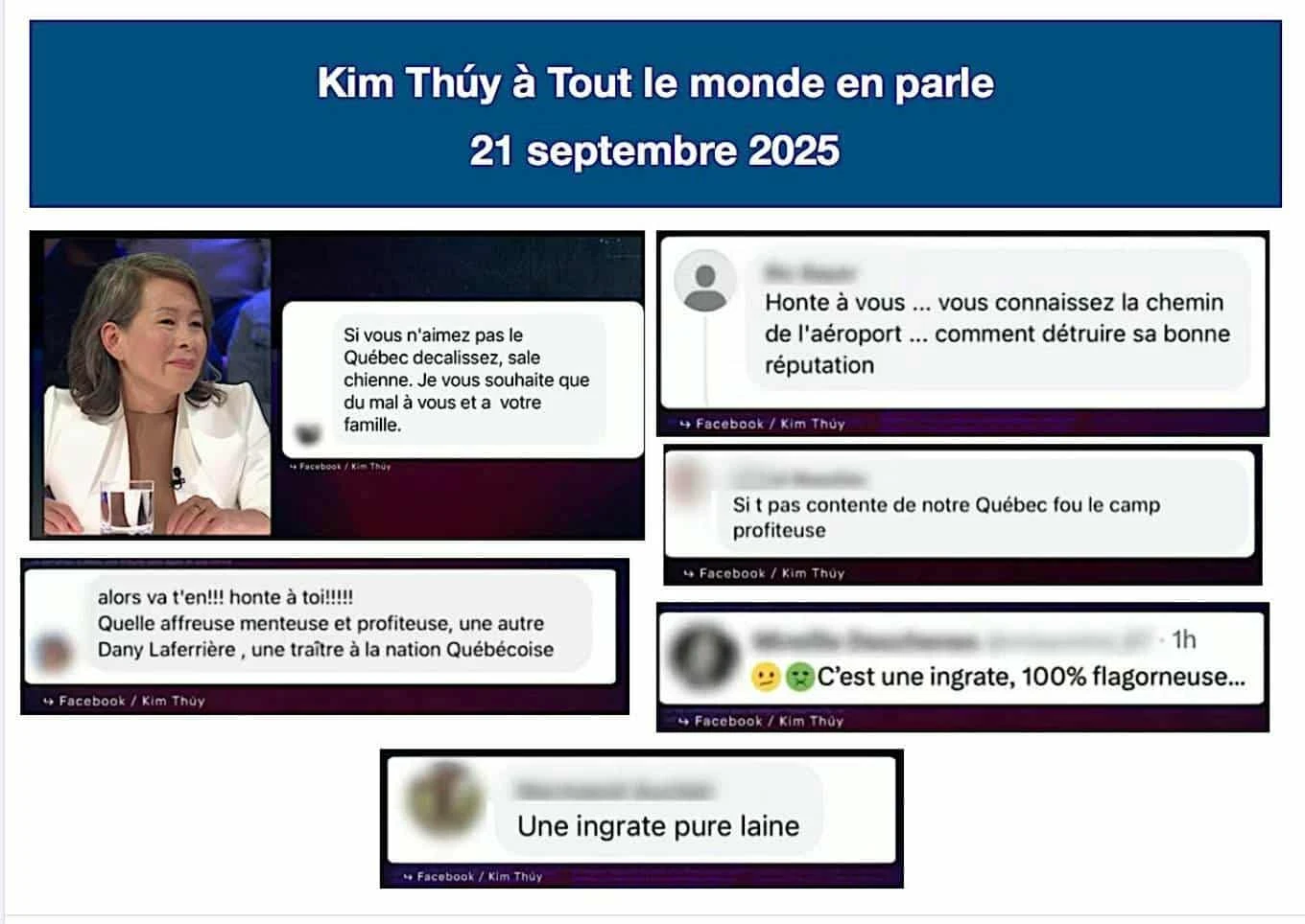 Un collègue a fait une compilation d’un échantillon de commentaires reçus par Kim Thúy qui ont également été montrés à <em>Tout le Monde en Parle</em>.