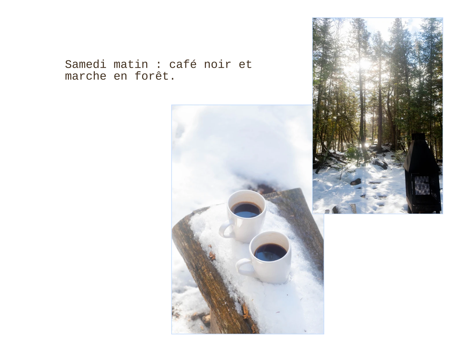 Samedi matin : café noir et marche en forêt.