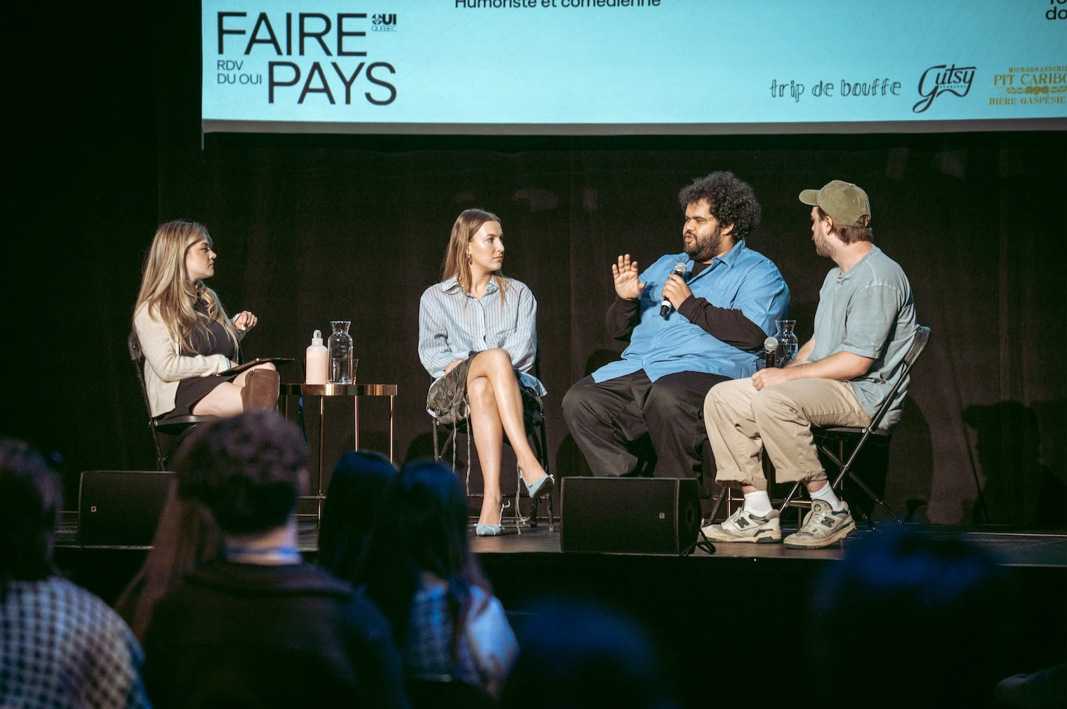 La comédienne Alice Morel-Michaud, l’humoriste Pascale de Blois, le créateur numérique Mounir Kaddouri et le dramaturge François Ruel-Côté.