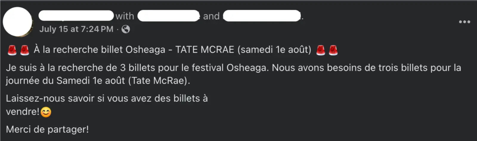 Les noms ont été cachés parce que cette personne n’a rien fait de mal… autre que de vouloir voir Tate McRae.