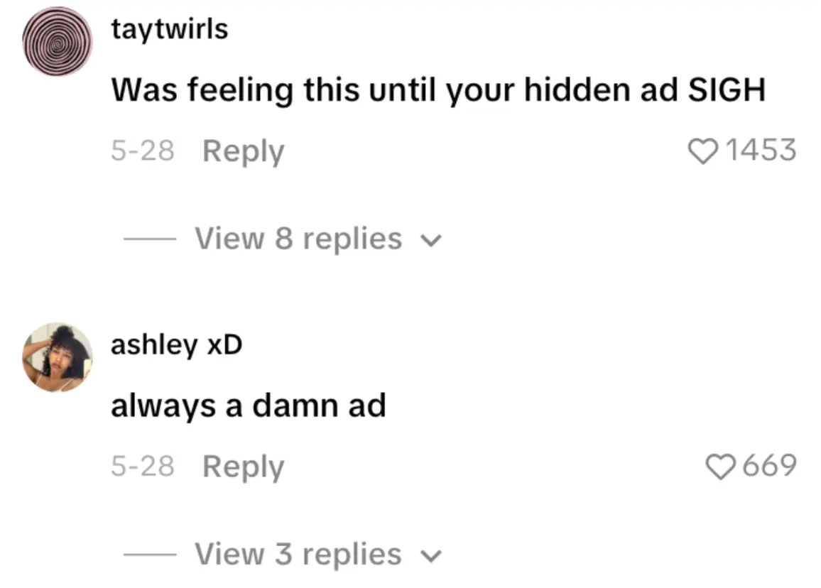 Commentaires vus sous une publicité déguisée <a href="https://www.tiktok.com/@jadeeeepearson/photo/7644393761874742558?_r=1&_t=ZS-96sQzQWkjqs&image_index=5" target="_blank" rel="noreferrer noopener">en publication régulière</a>.