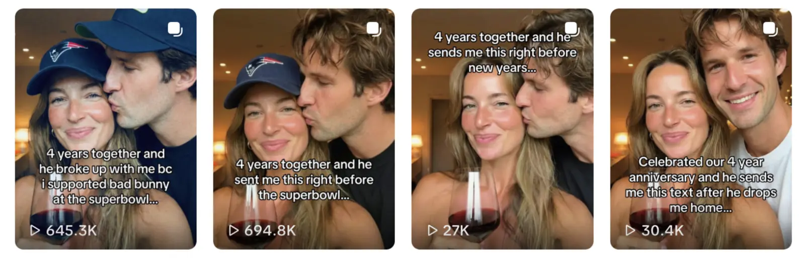 Quatre publications TikTok consécutives de @jessicasp4mmmm avec la même accroche de couple. En réalité, elles font la promotion d’une application qui utilise l’IA pour postuler sur des offres d’emploi.